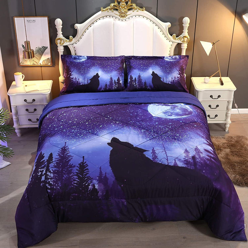 Wowelife Queen Size Wolf Comforter Set Blue 5 Piece Wolf Howling in Forest and Moon Bedding with Comforter, Flat Sheet, Fitted Sheet and 2 Pillows(Queen, Night Wolf) Home & Garden > Linens & Bedding > Bedding > Quilts & Comforters Wowelife Dark Blue Queen 