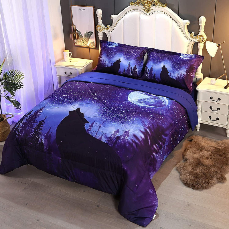 Wowelife Queen Size Wolf Comforter Set Blue 5 Piece Wolf Howling in Forest and Moon Bedding with Comforter, Flat Sheet, Fitted Sheet and 2 Pillows(Queen, Night Wolf)