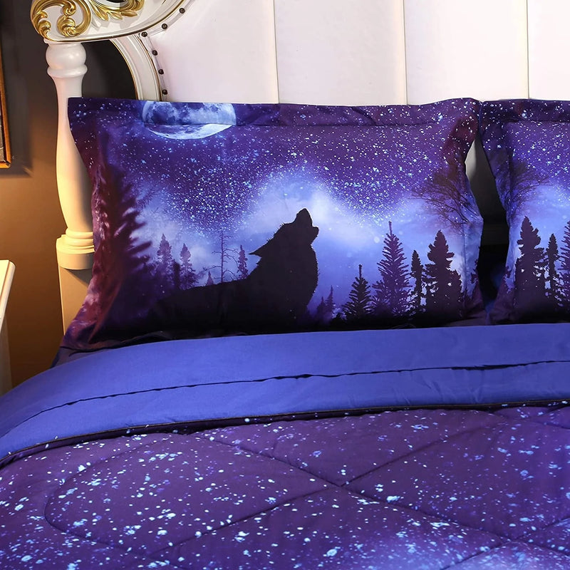 Wowelife Queen Size Wolf Comforter Set Blue 5 Piece Wolf Howling in Forest and Moon Bedding with Comforter, Flat Sheet, Fitted Sheet and 2 Pillows(Queen, Night Wolf)
