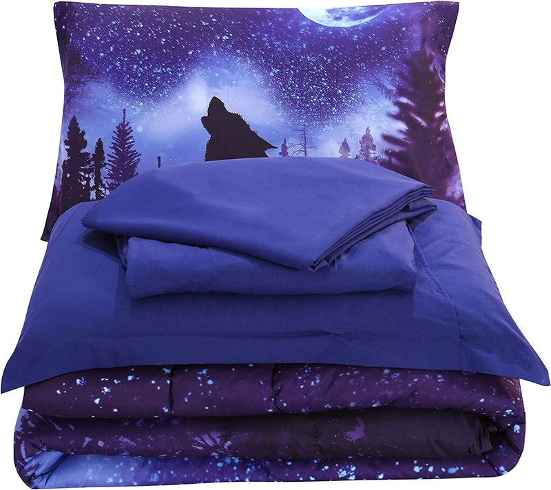 Wowelife Queen Size Wolf Comforter Set Blue 5 Piece Wolf Howling in Forest and Moon Bedding with Comforter, Flat Sheet, Fitted Sheet and 2 Pillows(Queen, Night Wolf) Home & Garden > Linens & Bedding > Bedding > Quilts & Comforters Wowelife   
