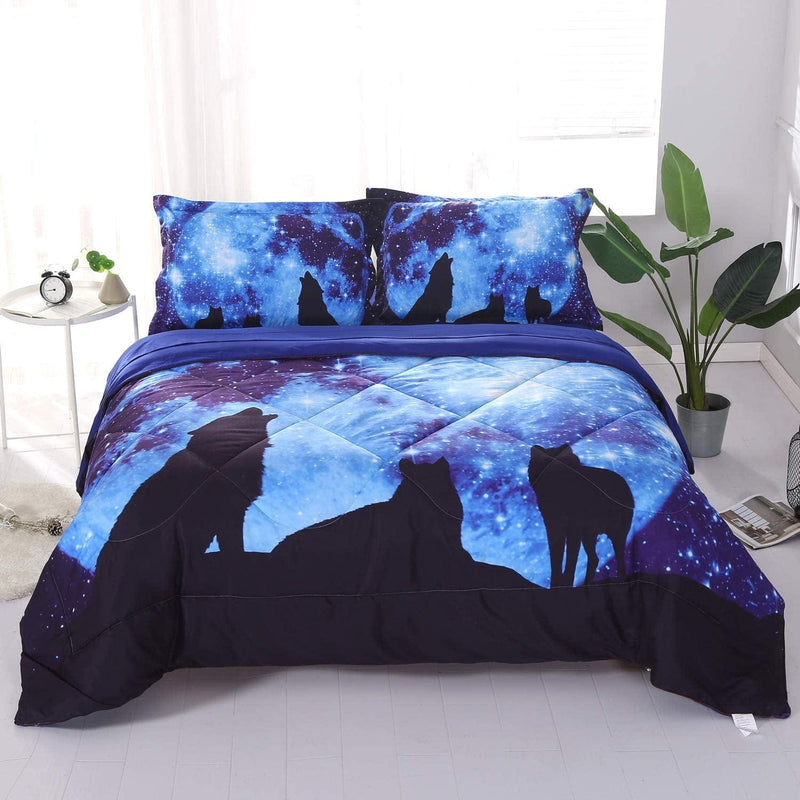 Wowelife Wolf Comforter Set Queen 5 Piece Galaxy Wolf Bedding with Comforter, Flat Sheet, Fitted Sheet and 2 Pillows(Queen, Galaxy Wolf) Home & Garden > Linens & Bedding > Bedding > Quilts & Comforters Wowelife Blue Twin 