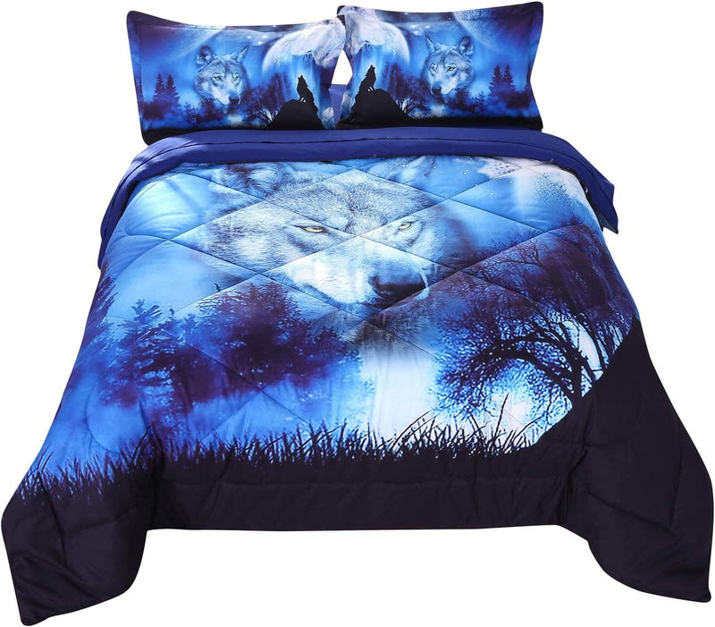 Wowelife Wolf Comforter Set Queen 5 Piece Galaxy Wolf Bedding with Comforter, Flat Sheet, Fitted Sheet and 2 Pillows(Queen, Galaxy Wolf) Home & Garden > Linens & Bedding > Bedding > Quilts & Comforters Wowelife Light Blue Twin 