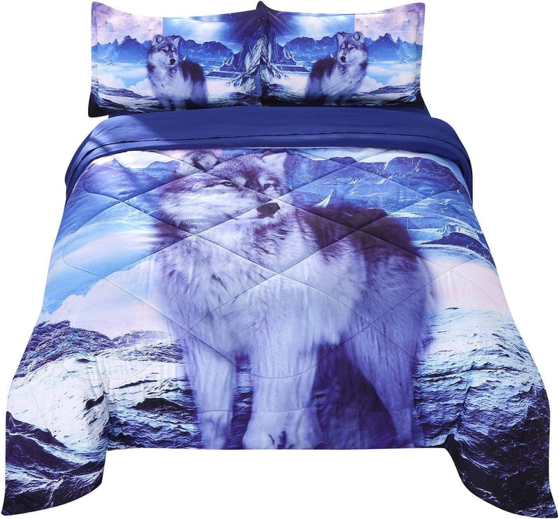 Wowelife Wolf Comforter Set Queen 5 Piece Galaxy Wolf Bedding with Comforter, Flat Sheet, Fitted Sheet and 2 Pillows(Queen, Galaxy Wolf) Home & Garden > Linens & Bedding > Bedding > Quilts & Comforters Wowelife White Queen 