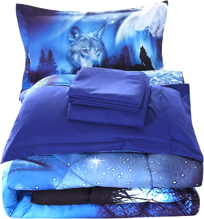 Wowelife Wolf Comforter Set Queen 5 Piece Galaxy Wolf Bedding with Comforter, Flat Sheet, Fitted Sheet and 2 Pillows(Queen, Galaxy Wolf) Home & Garden > Linens & Bedding > Bedding > Quilts & Comforters Wowelife Light Blue Full 