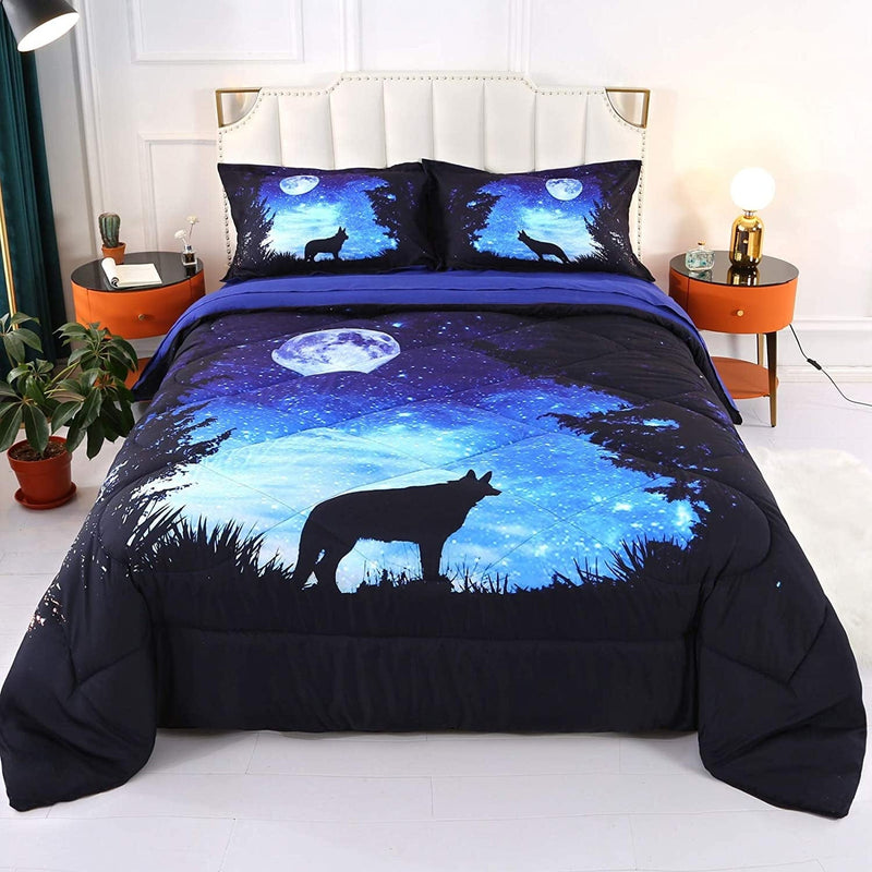 Wowelife Wolf Comforter Set, Wolf Bed Set Full, 5 Piece Moon and Forest Bedding with Comforter, Flat Sheet, Fitted Sheet and 2 Pillows(Forest Wolf) Home & Garden > Linens & Bedding > Bedding > Quilts & Comforters Wowelife Galaxy Blue Full 