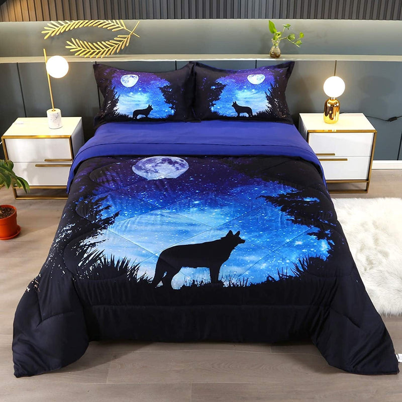 Wowelife Wolf Comforter Set, Wolf Bed Set Full, 5 Piece Moon and Forest Bedding with Comforter, Flat Sheet, Fitted Sheet and 2 Pillows(Forest Wolf) Home & Garden > Linens & Bedding > Bedding > Quilts & Comforters Wowelife Galaxy Blue Twin 