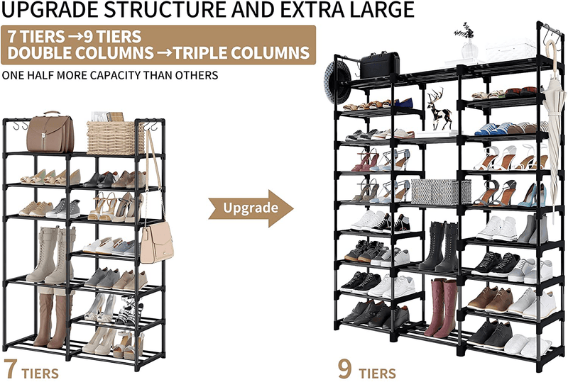 WOWLIVE 9 Tiers Shoe Rack Shoe Storage Shoe Organizer 50-55 Pairs Shoe Tower Unit Shelf Durable Metal Pipes with Plastic Connectors Stackable Shoe Cabinet Black(Sss3B9) Furniture > Cabinets & Storage > Armoires & Wardrobes WOWLIVE   