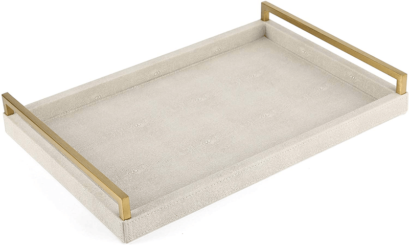 WV Ivory Faux Shagreen Decorative Tray PU Leather with Brushed Gold Stainless Steel Handle for Coffee Table, Ottoman, Console Table （Ivory Home & Garden > Decor > Decorative Trays WV Ivory  