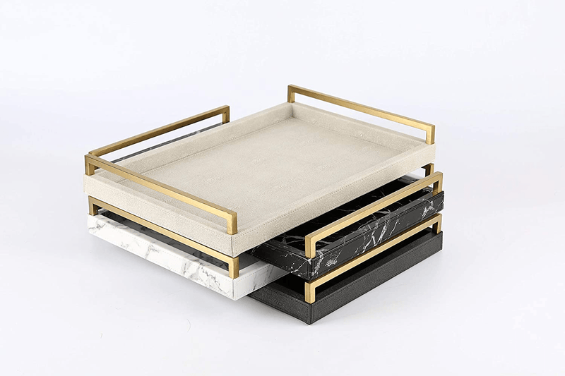 WV Ivory Faux Shagreen Decorative Tray PU Leather with Brushed Gold Stainless Steel Handle for Coffee Table, Ottoman, Console Table （Ivory
