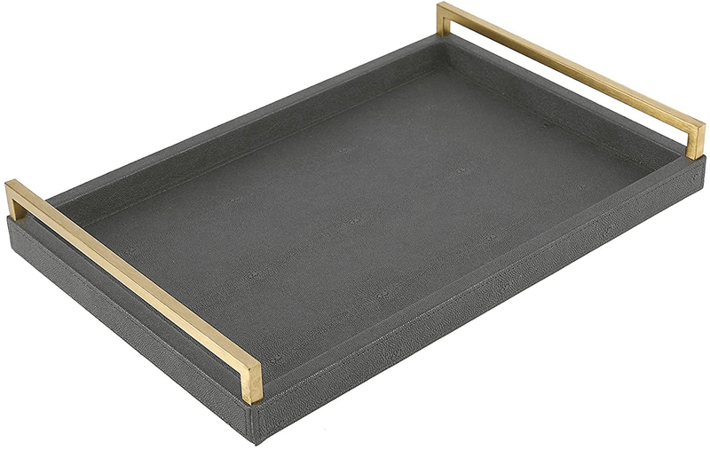 WV Ivory Faux Shagreen Decorative Tray PU Leather with Brushed Gold Stainless Steel Handle for Coffee Table, Ottoman, Console Table （Ivory