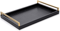 WV Serving Tray Faux Black Crocodile Leather with Brushed Gold Stainless Steel Handle (Black and Gold)