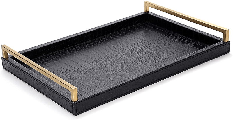WV Serving Tray Faux Black Crocodile Leather with Brushed Gold Stainless Steel Handle (Black and Gold) Home & Garden > Decor > Decorative Trays WESTVILLAGE Black brushed gold stainless steel 