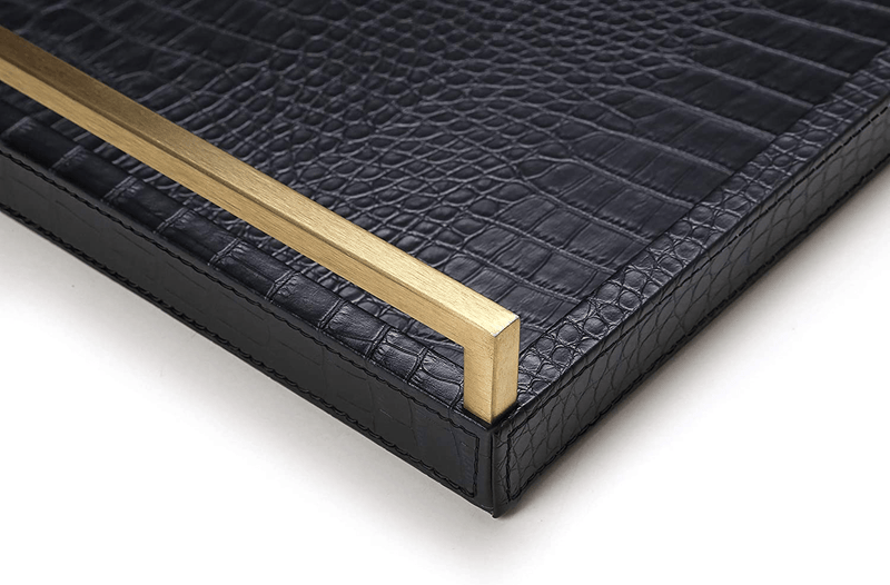 WV Serving Tray Faux Black Crocodile Leather with Brushed Gold Stainless Steel Handle (Black and Gold) Home & Garden > Decor > Decorative Trays WESTVILLAGE   