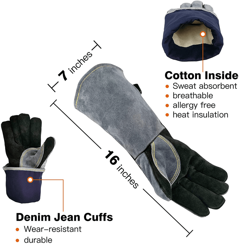 WZQH 16 Inches,932℉,Leather Forge Welding Gloves, Heat/Fire Resistant,Mitts for Bbq,Oven,Grill,Fireplace,Tig,Mig,Baking,Furnace,Stove,Pot Holder,Animal Handling Glove.Black-Gray Sporting Goods > Outdoor Recreation > Camping & Hiking > Camping Tools WZQH   