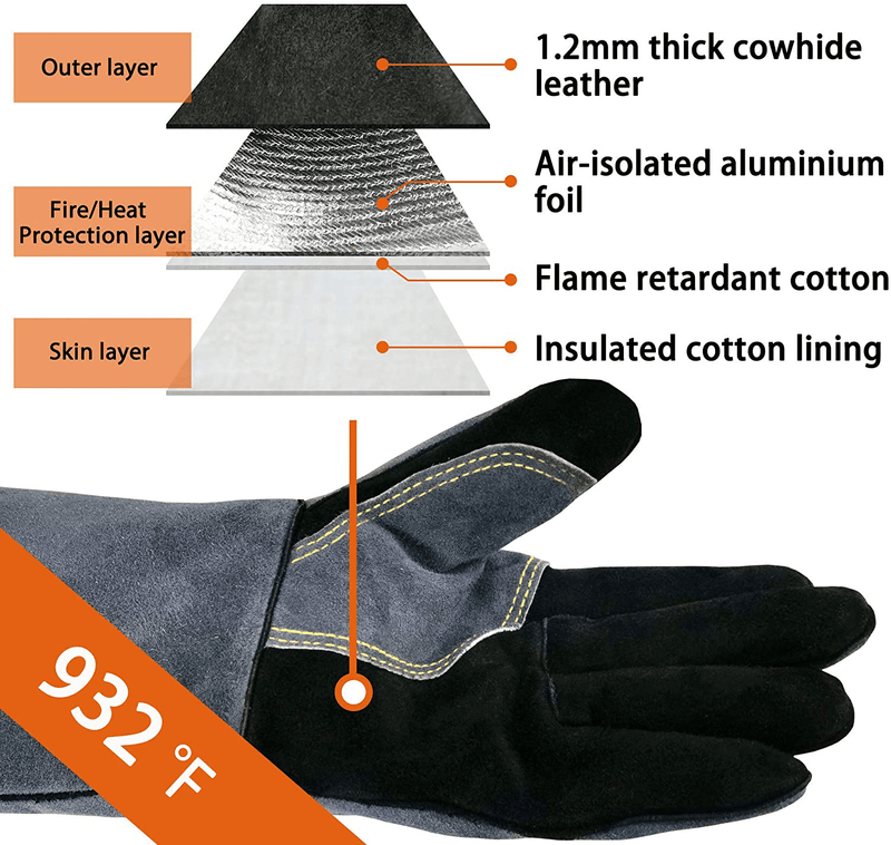 WZQH 16 Inches,932℉,Leather Forge Welding Gloves, Heat/Fire Resistant,Mitts for Bbq,Oven,Grill,Fireplace,Tig,Mig,Baking,Furnace,Stove,Pot Holder,Animal Handling Glove.Black-Gray Sporting Goods > Outdoor Recreation > Camping & Hiking > Camping Tools WZQH   