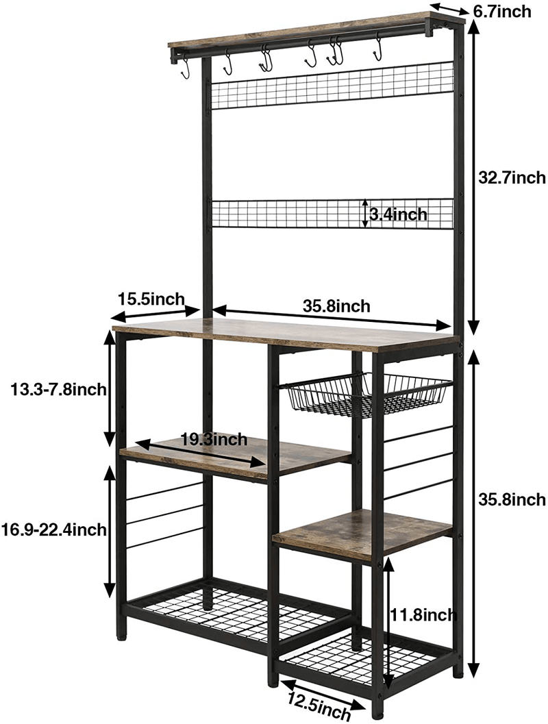 X-Cosrack Kitchen Baker'S Rack, 68Inch Microwave Oven Stand with Pull-Out Wire Basket, 8 Hooks + 15 S Hooks,3 Tier + 4 Tier Utility Storage Shelf with Mesh Panels for Utensils, Pots, Pans, Spices