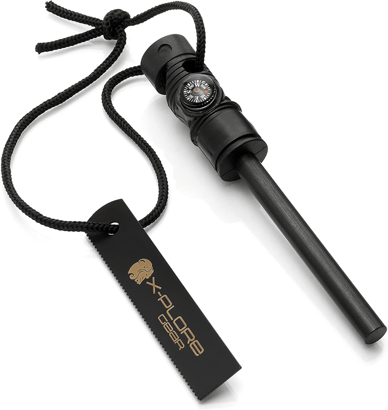 X-Plore Gear Firestarter - 3-In-1 Survival Multifunction Tool - Magnesium Fire Starter Rod, Magnetic Compass & Emergency Whistle - Ideal for Outdoor Camping & Disaster Supply Kits