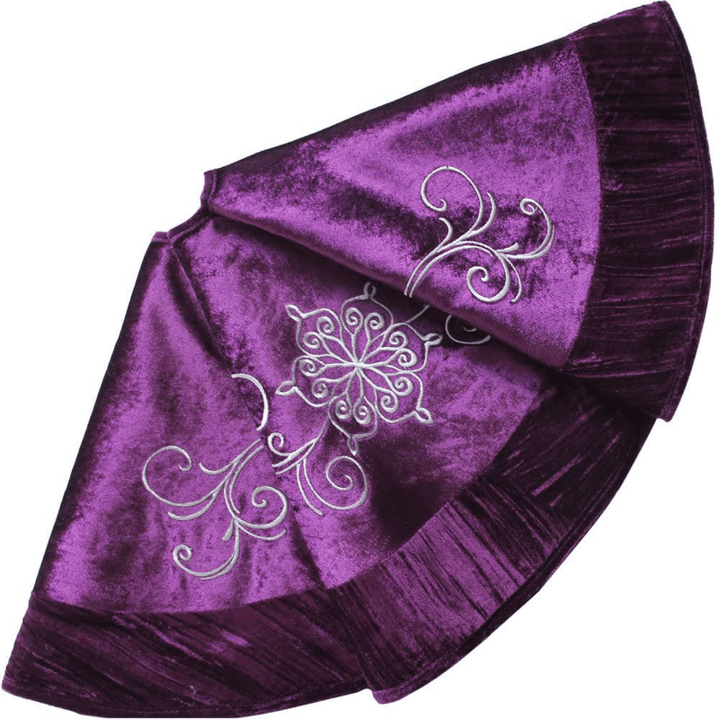 X.Sem Flower Embroidered Velvet Christmas Tree Skirt with Pleat Velvet Border 50'' Purple (50 inch)