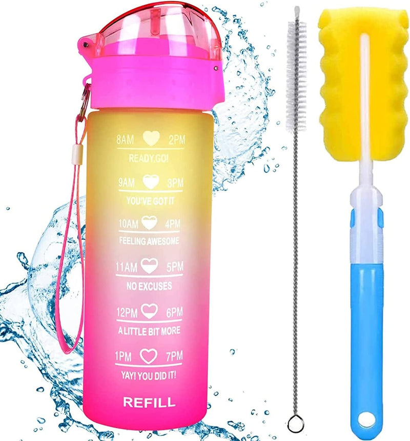 XACIOA 32Oz Water Bottle with Straw & Motivational Time Marker, Leakproof BPA Free ,Ensure You Drink Enough Water Throughout the Day for Fitness and Outdoor Enthusiasts(With Straw Brush & Cup Brush) Sporting Goods > Outdoor Recreation > Winter Sports & Activities XACIOA 18oz Yellow/Pink  