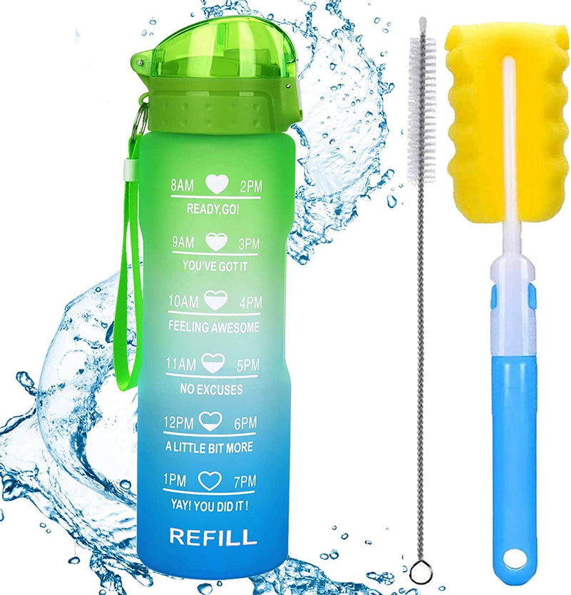 XACIOA 32Oz Water Bottle with Straw & Motivational Time Marker, Leakproof BPA Free ,Ensure You Drink Enough Water Throughout the Day for Fitness and Outdoor Enthusiasts(With Straw Brush & Cup Brush) Sporting Goods > Outdoor Recreation > Winter Sports & Activities XACIOA 32oz Green/Blue  