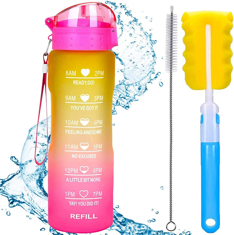XACIOA 32Oz Water Bottle with Straw & Motivational Time Marker, Leakproof BPA Free ,Ensure You Drink Enough Water Throughout the Day for Fitness and Outdoor Enthusiasts(With Straw Brush & Cup Brush) Sporting Goods > Outdoor Recreation > Winter Sports & Activities XACIOA 32oz Yellow/Pink  
