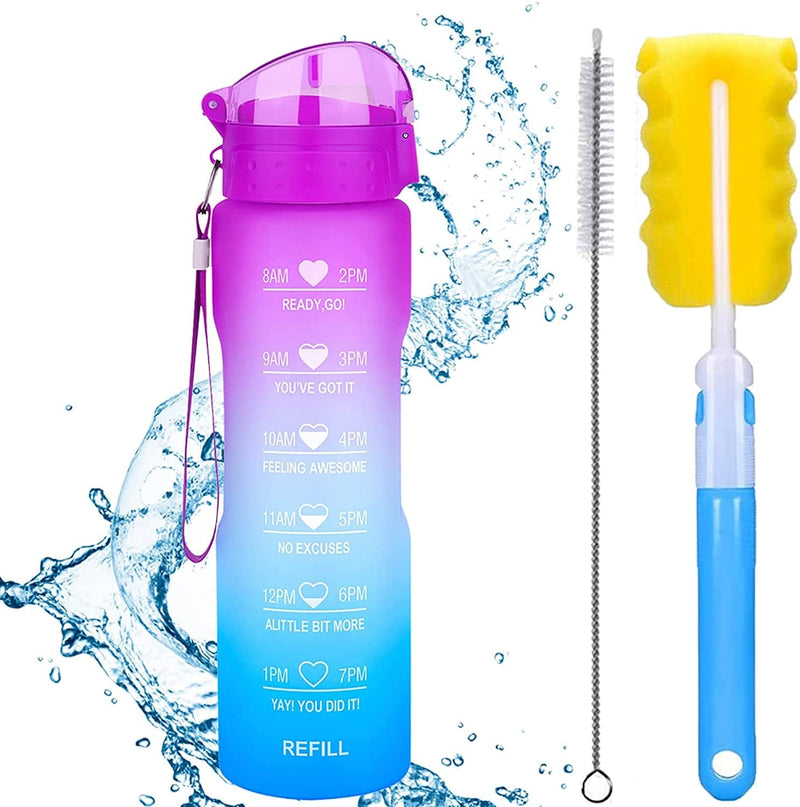 XACIOA 32Oz Water Bottle with Straw & Motivational Time Marker, Leakproof BPA Free ,Ensure You Drink Enough Water Throughout the Day for Fitness and Outdoor Enthusiasts(With Straw Brush & Cup Brush) Sporting Goods > Outdoor Recreation > Winter Sports & Activities XACIOA 32oz Purple/Blue  