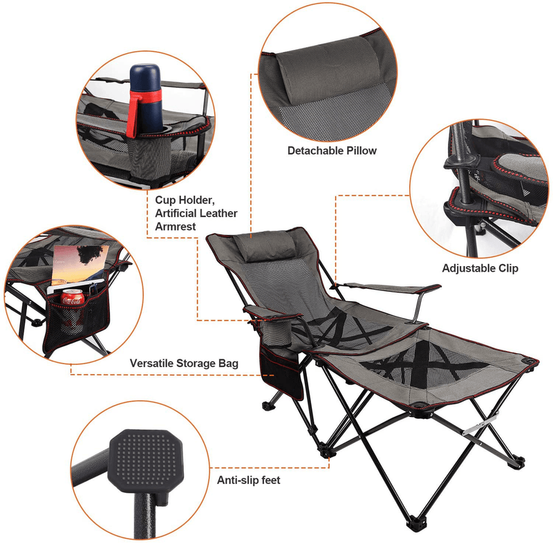 XGEAR 2 in 1 Camping Chair with Footrest Recliner Folding Chaise Lounge Chair (Footrest Can Transform to Side Table) Extra Stable, for Beach, Fishing, Picnics, Hiking Sporting Goods > Outdoor Recreation > Camping & Hiking > Camp Furniture Xgear   