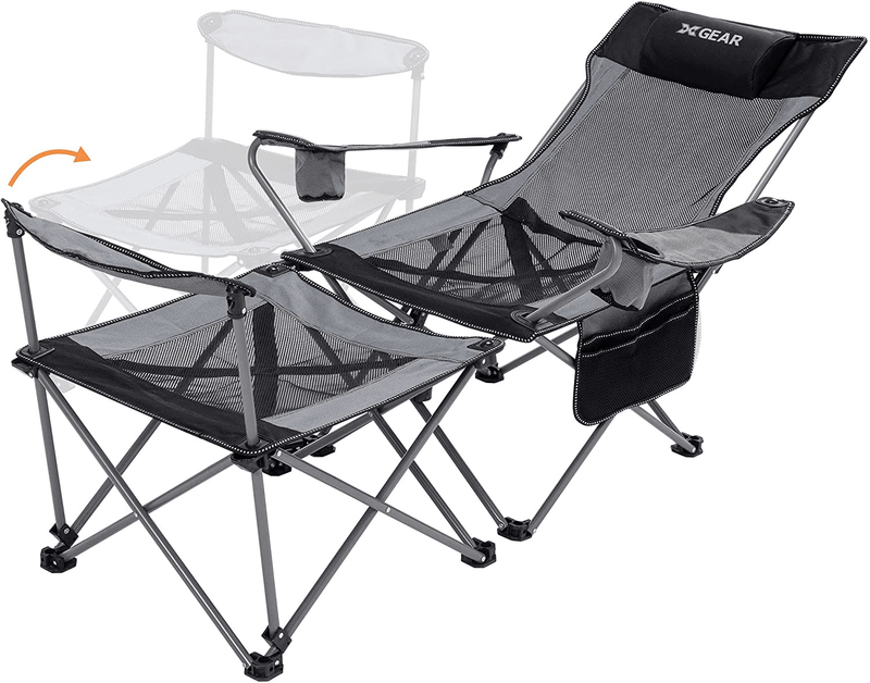 XGEAR 2 in 1 Camping Chair with Footrest Recliner Folding Chaise Lounge Chair (Footrest Can Transform to Side Table) Extra Stable, for Beach, Fishing, Picnics, Hiking Sporting Goods > Outdoor Recreation > Camping & Hiking > Camp Furniture Xgear Upgraded Version  