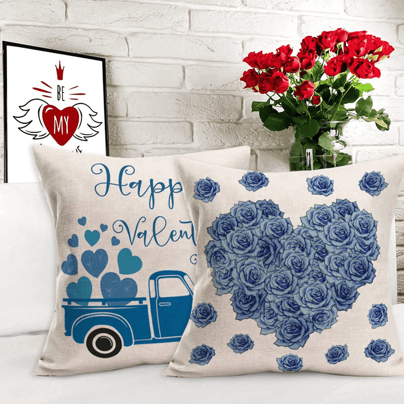 Xihomeli Cotton Linen 18X18 Inch Throw Pillow Covers Happy Valentine’S Day Decorations Quotes Cushion Case Blue Heart Rose Flowers Truck Bike Pillowcase 4 Packs (4Pc Valentine, 18"X18") Home & Garden > Decor > Chair & Sofa Cushions Xihomeli   
