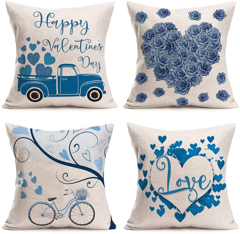 Xihomeli Cotton Linen 18X18 Inch Throw Pillow Covers Happy Valentine’S Day Decorations Quotes Cushion Case Blue Heart Rose Flowers Truck Bike Pillowcase 4 Packs (4Pc Valentine, 18"X18") Home & Garden > Decor > Chair & Sofa Cushions Xihomeli 4pc Valentine 18 x 18-Inch 