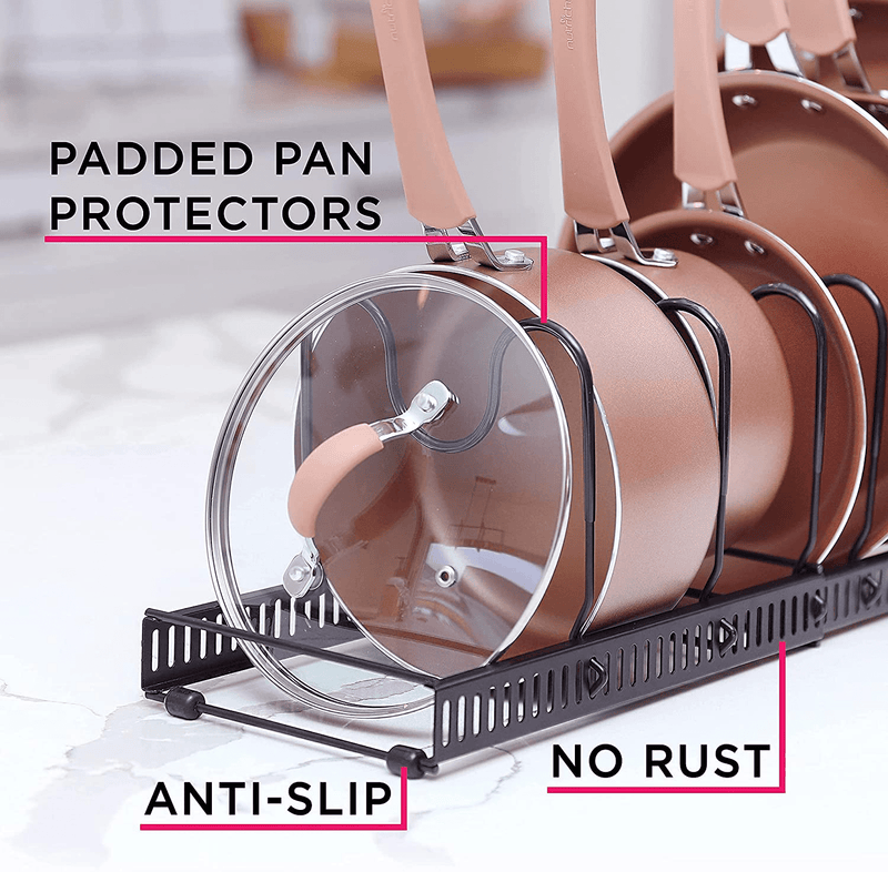 XL Expandable 10+ Pan Organizer and Pot Rack, Rustoroof Kitchen Cabinet Storage Organizer for Heavy Pots Pans and Cookware, Counter Organization and Lid Holder, Easy to Pull and Expand to 30.5 Inches Home & Garden > Kitchen & Dining > Food Storage Berry Ave   