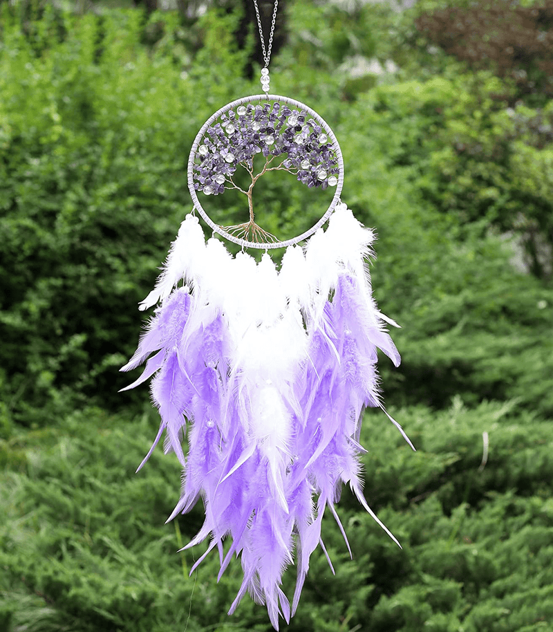 XMSJSIY Tree of Life Dream Catcher,Dream Catcher,Large Handmade Feather Mobile Wall Hanging Decor for Bedroom Dorm Room Decorations Home Ornament Birthday Festival Craft Gift (Purple)