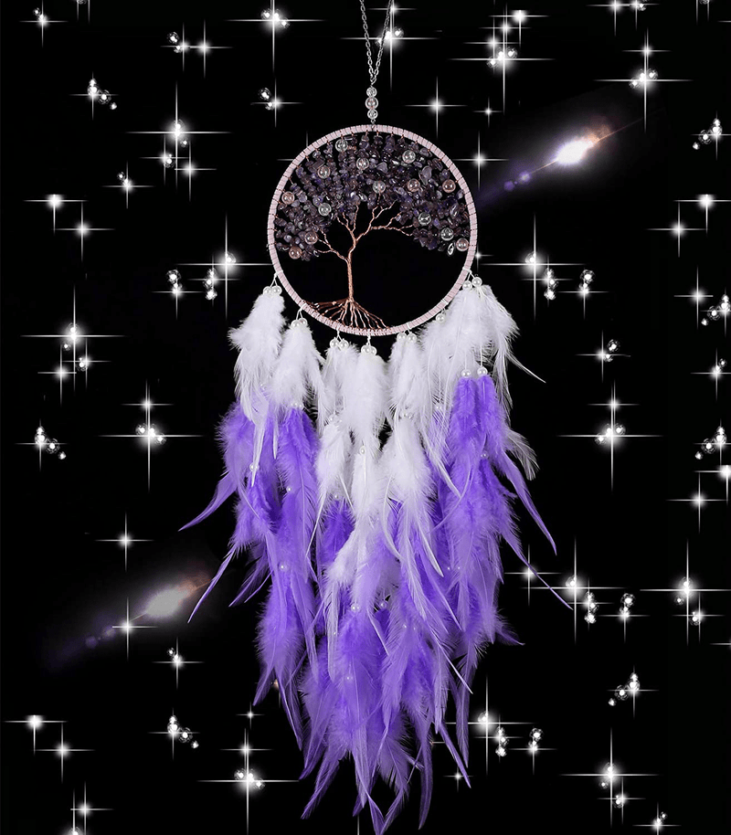 XMSJSIY Tree of Life Dream Catcher,Dream Catcher,Large Handmade Feather Mobile Wall Hanging Decor for Bedroom Dorm Room Decorations Home Ornament Birthday Festival Craft Gift (Purple)