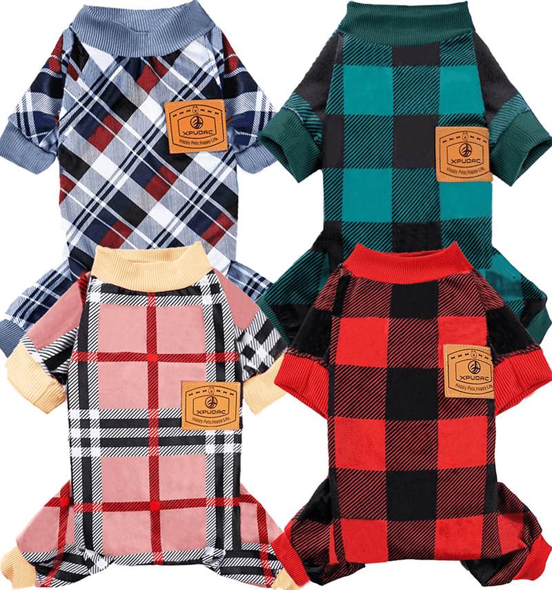 XPUDAC 4 Pack Dog Pajamas for Small Dogs Cats Plaid Dog Clothes Puppy Onesies Dog Christmas Pajamas Puppy Jumpsuits Pet Pjs Shirt Apparel