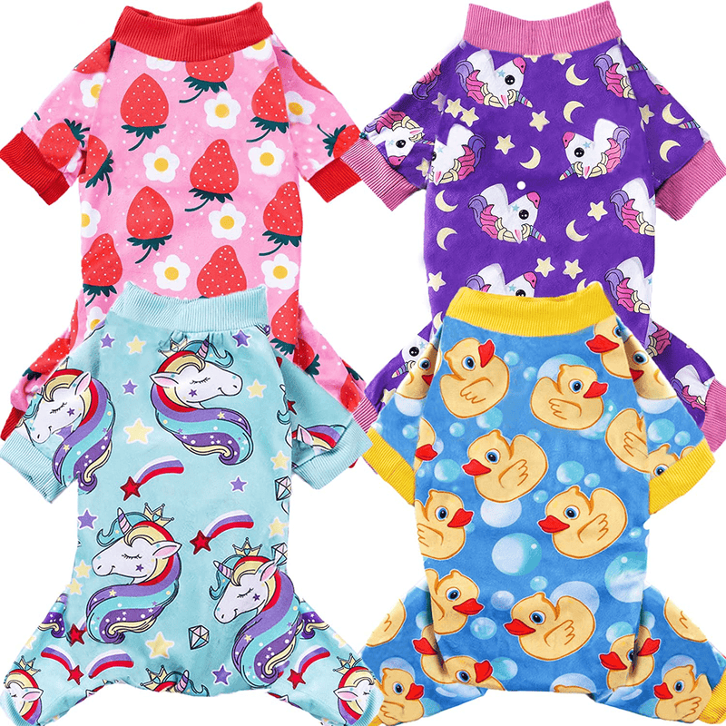 XPUDAC 4 Piece Dog Pajamas for Small Dogs Pjs Clothes Puppy Onesies Outfits for Doggie Christmas Shirts Sleeper for Pet Cats Jammies Animals & Pet Supplies > Pet Supplies > Dog Supplies > Dog Apparel XPUDAC Duck, Strawberry, 2 Unicorn X-Small(2-3.5lbs) 