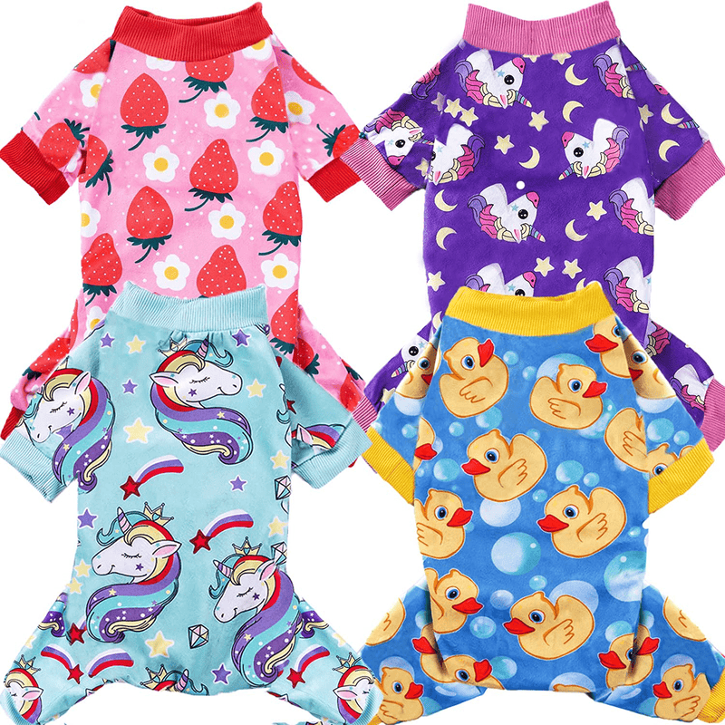XPUDAC 4 Piece Dog Pajamas for Small Dogs Pjs Clothes Puppy Onesies Outfits for Doggie Christmas Shirts Sleeper for Pet Cats Jammies Animals & Pet Supplies > Pet Supplies > Dog Supplies > Dog Apparel XPUDAC Duck, Strawberry, 2 Unicorn X-Small(1.8-3 LBS) 
