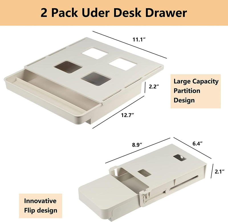 XSUPER under Desk Drawer Storage Organizer 2 Pack, Self-Adhesive under Desk Tray, Hidden Slide Out under Table Desktop Drawer for Office Home School (Large & Small, Beige)