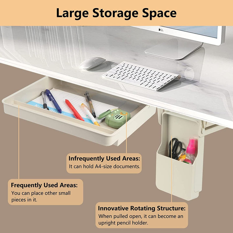 XSUPER under Desk Drawer Storage Organizer 2 Pack, Self-Adhesive under Desk Tray, Hidden Slide Out under Table Desktop Drawer for Office Home School (Large & Small, Beige)