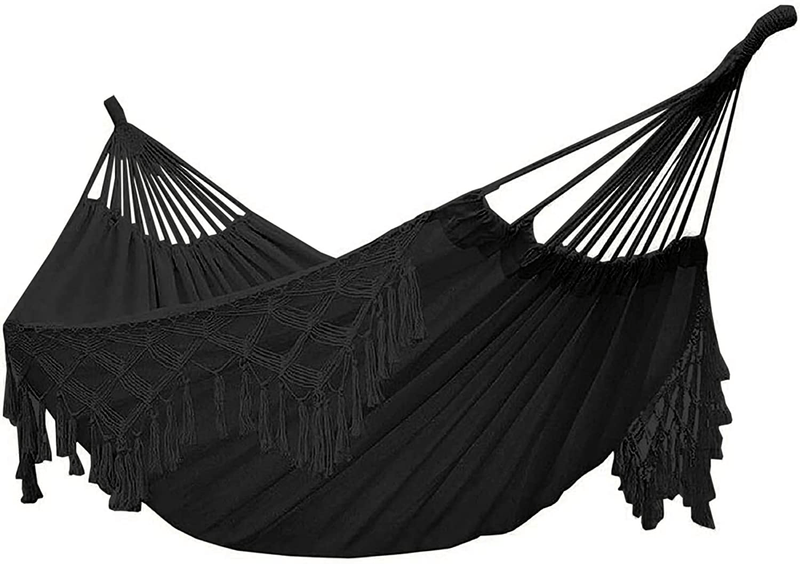 Xuanmuque Double Sized Boho Macrame Black Hammock with Elegant Tassels and Fishtail Knitting 485Lbs Includes Tie Ropes and Black Drawstring Bag for Women