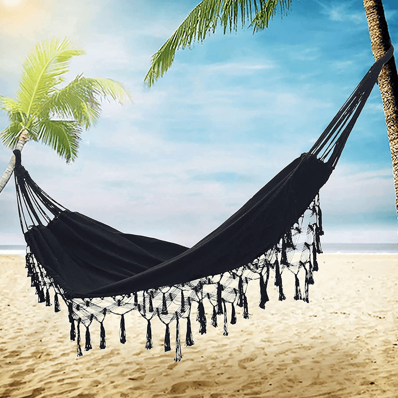 Xuanmuque Double Sized Boho Macrame Black Hammock with Elegant Tassels and Fishtail Knitting 485Lbs Includes Tie Ropes and Black Drawstring Bag for Women Home & Garden > Lawn & Garden > Outdoor Living > Hammocks Xuanmuque   