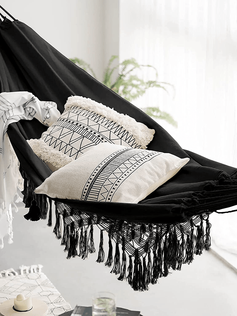 Xuanmuque Double Sized Boho Macrame Black Hammock with Elegant Tassels and Fishtail Knitting 485Lbs Includes Tie Ropes and Black Drawstring Bag for Women Home & Garden > Lawn & Garden > Outdoor Living > Hammocks Xuanmuque   