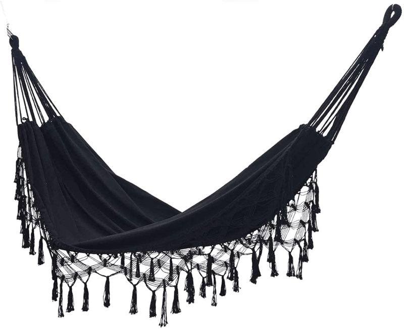 Xuanmuque Double Sized Boho Macrame Black Hammock with Elegant Tassels and Fishtail Knitting 485Lbs Includes Tie Ropes and Black Drawstring Bag for Women