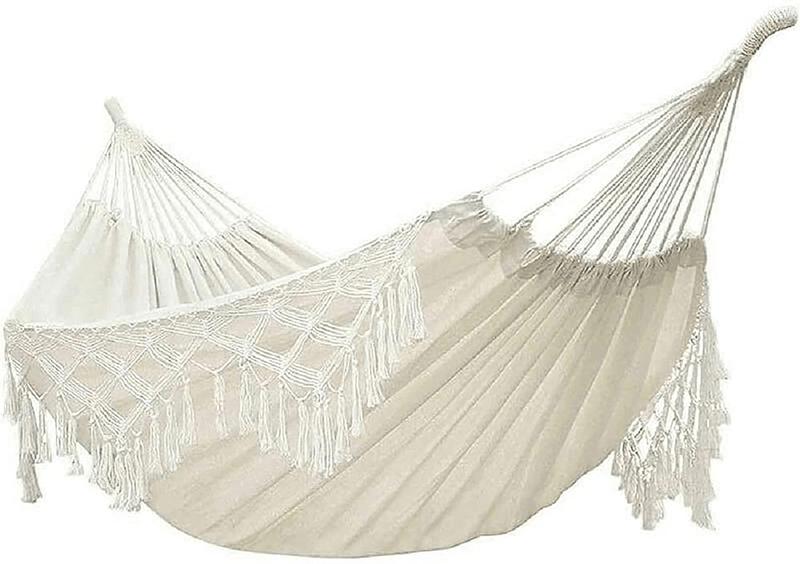 Xuanmuque Double Sized Boho Macrame Cream Hammock with Elegant Tassels and Fishtail Knitting 485Lbs Includes Tie Ropes and White Drawstring Bag for Women Home & Garden > Lawn & Garden > Outdoor Living > Hammocks Xuanmuque   