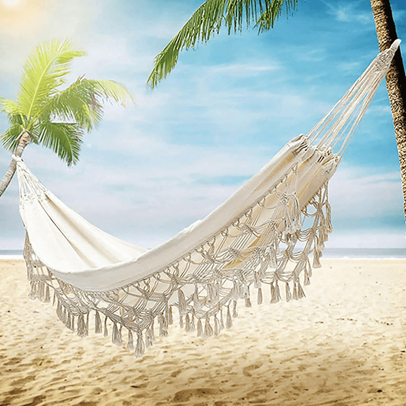 Xuanmuque Double Sized Boho Macrame Cream Hammock with Elegant Tassels and Fishtail Knitting 485Lbs Includes Tie Ropes and White Drawstring Bag for Women Home & Garden > Lawn & Garden > Outdoor Living > Hammocks Xuanmuque   