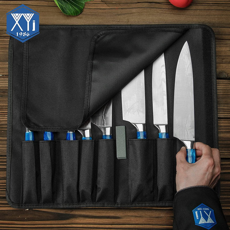 XYJ Culinary Knife Set with Carry Bag&Whetstone Stainless Steel Santoku Slicing Nakiri Knives Japanese Chef Knife Set Sharp Laser Etched Blade Ergonomics Handle