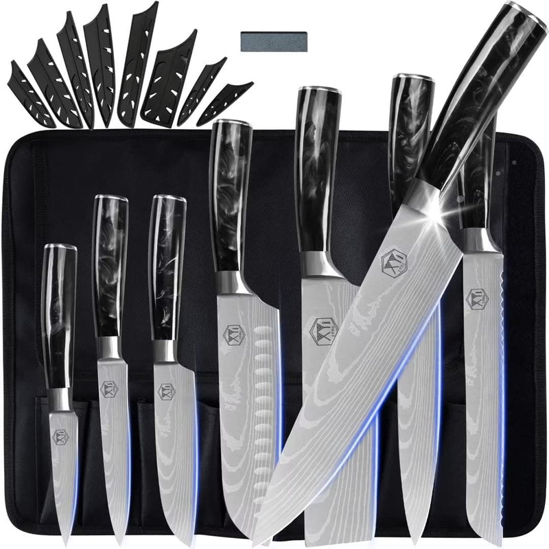 XYJ Culinary Knife Set with Carry Bag&Whetstone Stainless Steel Santoku Slicing Nakiri Knives Japanese Chef Knife Set Sharp Laser Etched Blade Ergonomics Handle Home & Garden > Kitchen & Dining > Kitchen Tools & Utensils > Kitchen Knives XYJ Black 8 in 1 