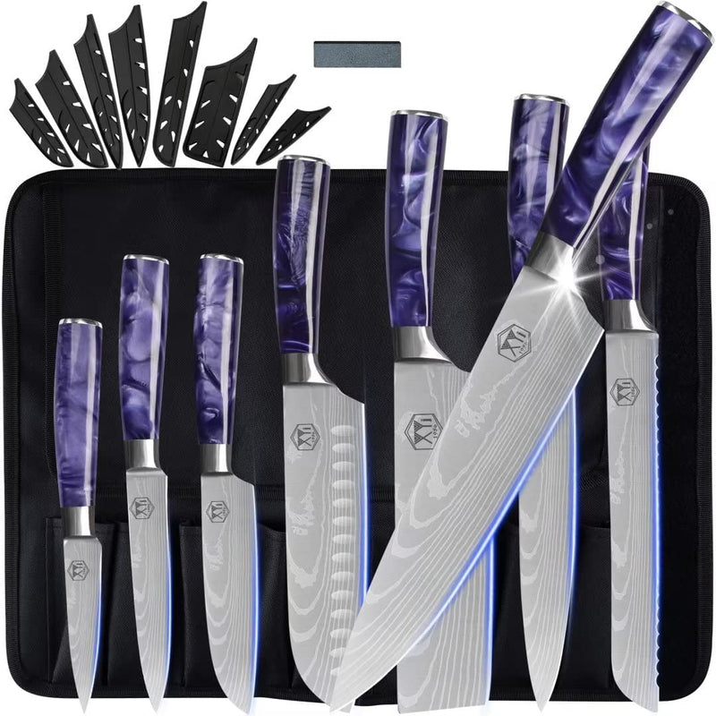 XYJ Culinary Knife Set with Carry Bag&Whetstone Stainless Steel Santoku Slicing Nakiri Knives Japanese Chef Knife Set Sharp Laser Etched Blade Ergonomics Handle Home & Garden > Kitchen & Dining > Kitchen Tools & Utensils > Kitchen Knives XYJ Purple 8 in 1 