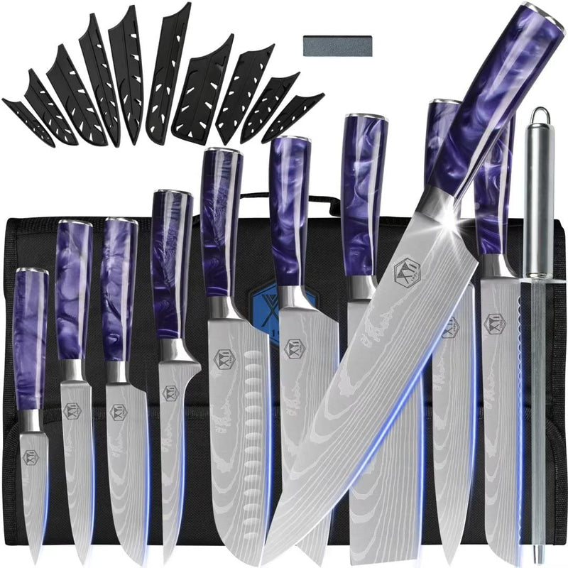 XYJ Culinary Knife Set with Carry Bag&Whetstone Stainless Steel Santoku Slicing Nakiri Knives Japanese Chef Knife Set Sharp Laser Etched Blade Ergonomics Handle Home & Garden > Kitchen & Dining > Kitchen Tools & Utensils > Kitchen Knives XYJ Purple 10 in 1 