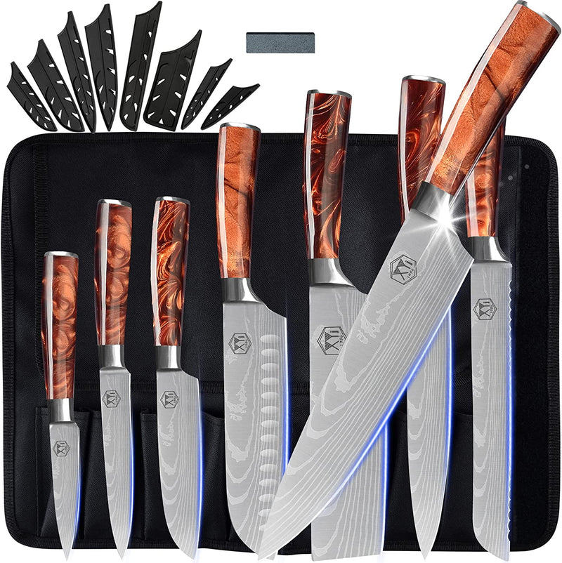 XYJ Culinary Knife Set with Carry Bag&Whetstone Stainless Steel Santoku Slicing Nakiri Knives Japanese Chef Knife Set Sharp Laser Etched Blade Ergonomics Handle Home & Garden > Kitchen & Dining > Kitchen Tools & Utensils > Kitchen Knives XYJ Brown 8 in 1 