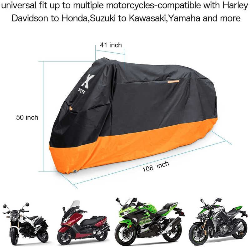 XYZCTEM Motorcycle Cover – All Season Waterproof Outdoor Protection – Precision Fit up to 108 Inch Tour Bikes, Choppers and Cruisers – Protect Against Dust, Debris, Rain and Weather(XXL,Black& Orange)